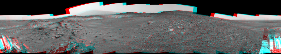 NASA's Mars rover Curiosity took 17 image pairs in Gale Crater using its mast-mounted Navigation Camera (Navcam) to create this mosaic. The seam-corrected mosaic provides a 360-degree cylindrical perspective projection panorama of the Martian surface suitable for stereo viewing, centered at 19 degrees azimuth (measured clockwise from north). This anaglyph must be viewed with red/blue glasses (red over left eye).  Curiosity took the images on May 11, 2015, Sol 981 of the Mars Science Laboratory mission at drive 1452, site number 47. The local mean solar time for the image exposures was 12 PM. Each Navcam image has a 45-degree field of view. CREDIT: NASA/JPL-Caltech