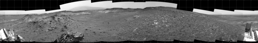 NASA's Mars rover Curiosity took 17 images in Gale Crater using its mast-mounted Left Navigation Camera (Navcam) to create this mosaic. The seam-corrected mosaic provides a 360-degree cylindrical projection panorama of the Martian surface centered at 180 degrees azimuth (measured clockwise from north). Curiosity took the images on May 11, 2015, Sol 981 of the Mars Science Laboratory mission at drive 1452, site number 47. The local mean solar time for the image exposures was 12 PM. Each Navcam image has a 45 degree field of view. CREDIT: NASA/JPL-Caltech