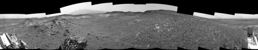NASA's Mars rover Curiosity took 17 images in Gale Crater using its mast-mounted Left Navigation Camera (Navcam) to create this mosaic. The seam-corrected mosaic provides a 360-degree cylindrical-perspective projection panorama of the Martian surface suitable for stereo viewing, centered at 19 degrees azimuth (measured clockwise from north). This single-eye view must be combined with the partner right image to be viewed in stereo.  Curiosity took the images on May 11, 2015, Sol 981 of the Mars Science Laboratory mission at drive 1452, site number 47. The local mean solar time for the image exposures was 12 PM. Each Navcam image has a 45-degree field of view. CREDIT: NASA/JPL-Caltech