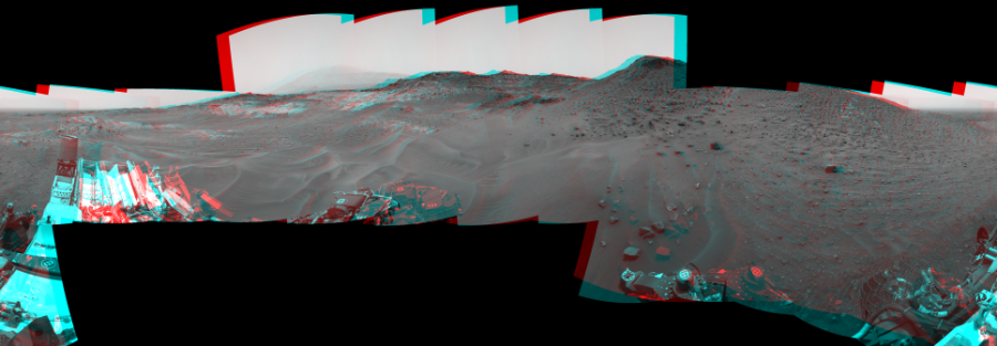 NASA's Mars rover Curiosity took 22 image pairs in Gale Crater using its mast-mounted Navigation Camera (Navcam) to create this mosaic. The seam-corrected mosaic provides a 360-degree cylindrical perspective projection panorama of the Martian surface suitable for stereo viewing, centered at 334 degrees azimuth (measured clockwise from north). This anaglyph must be viewed with red/blue glasses (red over left eye). Curiosity took the images on May 13, 2015, Sol 983 of the Mars Science Laboratory mission at drive 1632, site number 47. The local mean solar time for the image exposures was 1 PM. Each Navcam image has a 45-degree field of view. CREDIT: NASA/JPL-Caltech