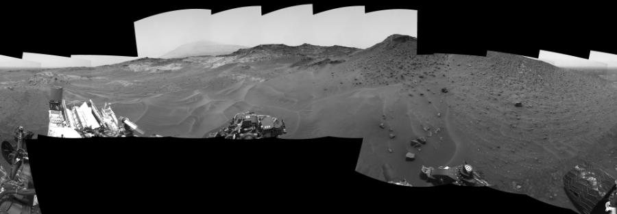 NASA's Mars rover Curiosity took 22 images in Gale Crater using its mast-mounted Left Navigation Camera (Navcam) to create this mosaic. The seam-corrected mosaic provides a 360-degree cylindrical-perspective projection panorama of the Martian surface suitable for stereo viewing, centered at 334 degrees azimuth (measured clockwise from north). This single-eye view must be combined with the partner right image to be viewed in stereo.  Curiosity took the images on May 13, 2015, Sol 983 of the Mars Science Laboratory mission at drive 1632, site number 47. The local mean solar time for the image exposures was 1 PM. Each Navcam image has a 45-degree field of view. CREDIT: NASA/JPL-Caltech