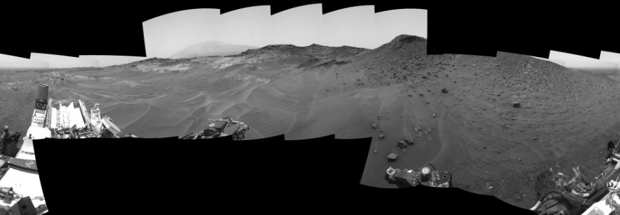 NASA's Mars rover Curiosity took 22 images in Gale Crater using its mast-mounted Right Navigation Camera (Navcam) to create this mosaic. The seam-corrected mosaic provides a 360-degree cylindrical-perspective projection panorama of the Martian surface suitable for stereo viewing, centered at 330 degrees azimuth (measured clockwise from north). This single-eye view must be combined with the partner left image to be viewed in stereo.  Curiosity took the images on May 13, 2015, Sol 983 of the Mars Science Laboratory mission at drive 1632, site number 47. The local mean solar time for the image exposures was 1 PM. Each Navcam image has a 45-degree field of view. CREDIT: NASA/JPL-Caltech