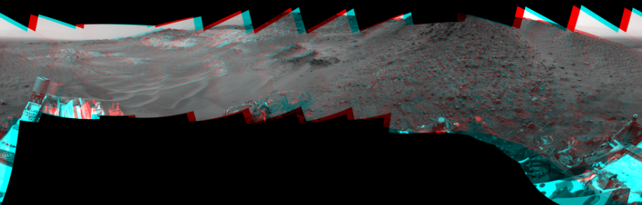 NASA's Mars rover Curiosity took 17 image pairs in Gale Crater using its mast-mounted Navigation Camera (Navcam) to create this mosaic. The seam-corrected mosaic provides a 360-degree cylindrical perspective projection panorama of the Martian surface suitable for stereo viewing, centered at 333 degrees azimuth (measured clockwise from north). This anaglyph must be viewed with red/blue glasses (red over left eye).  Curiosity took the images on May 14, 2015, Sol 984 of the Mars Science Laboratory mission at drive 0, site number 48. The local mean solar time for the image exposures was 2 PM. Each Navcam image has a 45-degree field of view. CREDIT: NASA/JPL-Caltech