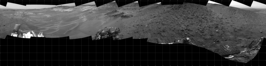 NASA's Mars rover Curiosity took 17 images in Gale Crater using its mast-mounted Left Navigation Camera (Navcam) to create this mosaic. The seam-corrected mosaic provides a 360-degree cylindrical projection panorama of the Martian surface centered at 180 degrees azimuth (measured clockwise from north). Curiosity took the images on May 14, 2015, Sol 984 of the Mars Science Laboratory mission at drive 0, site number 48. The local mean solar time for the image exposures was 2 PM. Each Navcam image has a 45 degree field of view. CREDIT: NASA/JPL-Caltech