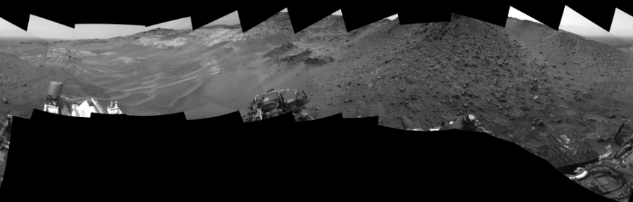 NASA's Mars rover Curiosity took 17 images in Gale Crater using its mast-mounted Left Navigation Camera (Navcam) to create this mosaic. The seam-corrected mosaic provides a 360-degree cylindrical-perspective projection panorama of the Martian surface suitable for stereo viewing, centered at 333 degrees azimuth (measured clockwise from north). This single-eye view must be combined with the partner right image to be viewed in stereo.  Curiosity took the images on May 14, 2015, Sol 984 of the Mars Science Laboratory mission at drive 0, site number 48. The local mean solar time for the image exposures was 2 PM. Each Navcam image has a 45-degree field of view. CREDIT: NASA/JPL-Caltech
