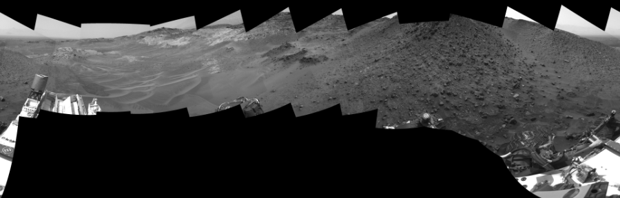 NASA's Mars rover Curiosity took 17 images in Gale Crater using its mast-mounted Right Navigation Camera (Navcam) to create this mosaic. The seam-corrected mosaic provides a 360-degree cylindrical-perspective projection panorama of the Martian surface suitable for stereo viewing, centered at 328 degrees azimuth (measured clockwise from north). This single-eye view must be combined with the partner left image to be viewed in stereo.  Curiosity took the images on May 14, 2015, Sol 984 of the Mars Science Laboratory mission at drive 0, site number 48. The local mean solar time for the image exposures was 2 PM. Each Navcam image has a 45-degree field of view. CREDIT: NASA/JPL-Caltech