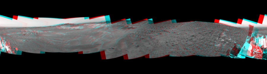 NASA's Mars rover Curiosity took 12 image pairs in Gale Crater using its mast-mounted Navigation Camera (Navcam) to create this mosaic. The seam-corrected mosaic provides a 360-degree cylindrical perspective projection panorama of the Martian surface suitable for stereo viewing, centered at 22 degrees azimuth (measured clockwise from north). This anaglyph must be viewed with red/blue glasses (red over left eye).  Curiosity took the images on May 16, 2015, Sol 986 of the Mars Science Laboratory mission at drive 82, site number 48. The local mean solar time for the image exposures was 1 PM. Each Navcam image has a 45-degree field of view. CREDIT: NASA/JPL-Caltech