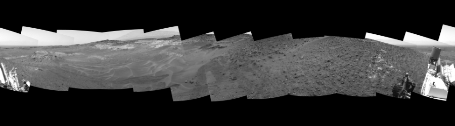 NASA's Mars rover Curiosity took 12 images in Gale Crater using its mast-mounted Left Navigation Camera (Navcam) to create this mosaic. The seam-corrected mosaic provides a 360-degree cylindrical-perspective projection panorama of the Martian surface suitable for stereo viewing, centered at 22 degrees azimuth (measured clockwise from north). This single-eye view must be combined with the partner right image to be viewed in stereo. Curiosity took the images on May 16, 2015, Sol 986 of the Mars Science Laboratory mission at drive 82, site number 48. The local mean solar time for the image exposures was 1 PM. Each Navcam image has a 45-degree field of view. CREDIT: NASA/JPL-Caltech