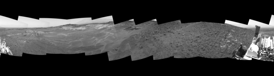 NASA's Mars rover Curiosity took 12 images in Gale Crater using its mast-mounted Right Navigation Camera (Navcam) to create this mosaic. The seam-corrected mosaic provides a 360-degree cylindrical-perspective projection panorama of the Martian surface suitable for stereo viewing, centered at 16 degrees azimuth (measured clockwise from north). This single-eye view must be combined with the partner left image to be viewed in stereo.  Curiosity took the images on May 16, 2015, Sol 986 of the Mars Science Laboratory mission at drive 82, site number 48. The local mean solar time for the image exposures was 1 PM. Each Navcam image has a 45-degree field of view. CREDIT: NASA/JPL-Caltech