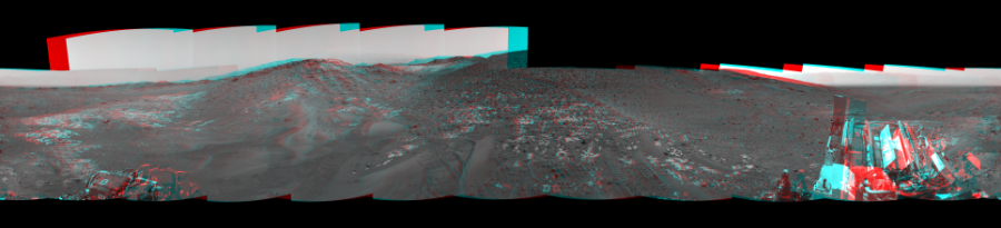 NASA's Mars rover Curiosity took 17 image pairs in Gale Crater using its mast-mounted Navigation Camera (Navcam) to create this mosaic. The seam-corrected mosaic provides a 360-degree cylindrical perspective projection panorama of the Martian surface suitable for stereo viewing, centered at 60 degrees azimuth (measured clockwise from north). This anaglyph must be viewed with red/blue glasses (red over left eye).  Curiosity took the images on May 17, 2015, Sol 987 of the Mars Science Laboratory mission at drive 458, site number 48. The local mean solar time for the image exposures was 3 PM. Each Navcam image has a 45-degree field of view. CREDIT: NASA/JPL-Caltech