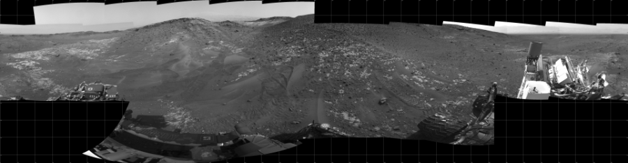 NASA's Mars rover Curiosity took 24 images in Gale Crater using its mast-mounted Left Navigation Camera (Navcam) to create this mosaic. The seam-corrected mosaic provides a 360-degree cylindrical projection panorama of the Martian surface centered at 180 degrees azimuth (measured clockwise from north). Curiosity took the images on May 17, 2015, Sol 987 of the Mars Science Laboratory mission at drive 458, site number 48. The local mean solar time for the image exposures was 3 PM. Each Navcam image has a 45 degree field of view. CREDIT: NASA/JPL-Caltech