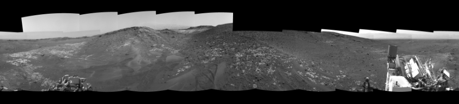NASA's Mars rover Curiosity took 17 images in Gale Crater using its mast-mounted Left Navigation Camera (Navcam) to create this mosaic. The seam-corrected mosaic provides a 360-degree cylindrical-perspective projection panorama of the Martian surface suitable for stereo viewing, centered at 60 degrees azimuth (measured clockwise from north). This single-eye view must be combined with the partner right image to be viewed in stereo. Curiosity took the images on May 17, 2015, Sol 987 of the Mars Science Laboratory mission at drive 458, site number 48. The local mean solar time for the image exposures was 3 PM. Each Navcam image has a 45-degree field of view. CREDIT: NASA/JPL-Caltech