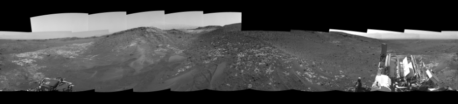 NASA's Mars rover Curiosity took 17 images in Gale Crater using its mast-mounted Right Navigation Camera (Navcam) to create this mosaic. The seam-corrected mosaic provides a 0-degree cylindrical-perspective projection panorama of the Martian surface suitable for stereo viewing, centered at 233 degrees azimuth (measured clockwise from north). This single-eye view must be combined with the partner left image to be viewed in stereo. Curiosity took the images on May 17, 2015, Sol 987 of the Mars Science Laboratory mission at drive 458, site number 48. The local mean solar time for the image exposures was 3 PM. Each Navcam image has a 45-degree field of view. CREDIT: NASA/JPL-Caltech