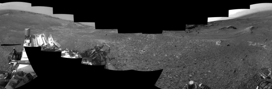 NASA's Mars rover Curiosity took 17 images in Gale Crater using its mast-mounted Right Navigation Camera (Navcam) to create this mosaic. The seam-corrected mosaic provides a 360-degree cylindrical-perspective projection panorama of the Martian surface suitable for stereo viewing, centered at 320 degrees azimuth (measured clockwise from north). This single-eye view must be combined with the partner left image to be viewed in stereo.  Curiosity took the images on May 20, 2015, Sol 990 of the Mars Science Laboratory mission at drive 876, site number 48. The local mean solar time for the image exposures was from 2 PM to 3 PM. Each Navcam image has a 45-degree field of view. CREDIT: NASA/JPL-Caltech