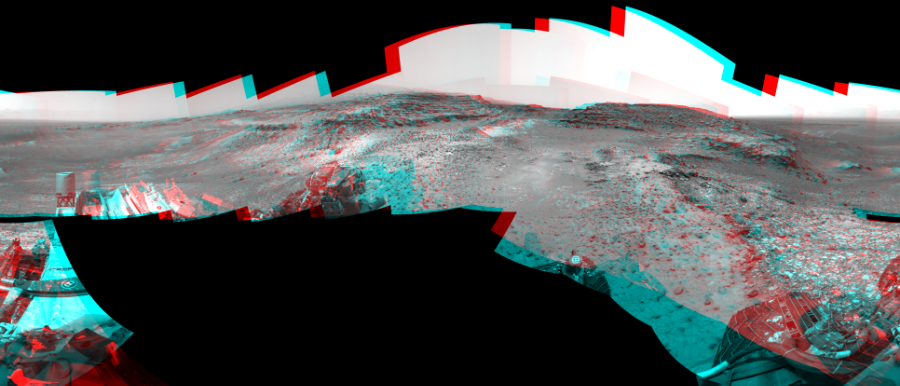 NASA's Mars rover Curiosity took 21 image pairs in Gale Crater using its mast-mounted Navigation Camera (Navcam) to create this mosaic. The seam-corrected mosaic provides a 360-degree cylindrical perspective projection panorama of the Martian surface suitable for stereo viewing, centered at 334 degrees azimuth (measured clockwise from north). This anaglyph must be viewed with red/blue glasses (red over left eye).  Curiosity took the images on May 21, 2015, Sol 991 of the Mars Science Laboratory mission at drive 1146, site number 48. The local mean solar time for the image exposures was from 1 PM to 2 PM. Each Navcam image has a 45-degree field of view. CREDIT: NASA/JPL-Caltech