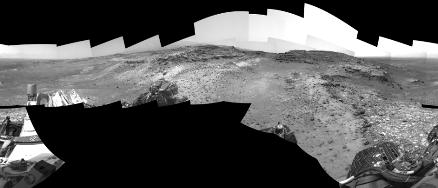 NASA's Mars rover Curiosity took 21 images in Gale Crater using its mast-mounted Right Navigation Camera (Navcam) to create this mosaic. The seam-corrected mosaic provides a 0-degree cylindrical-perspective projection panorama of the Martian surface suitable for stereo viewing, centered at 149 degrees azimuth (measured clockwise from north). This single-eye view must be combined with the partner left image to be viewed in stereo.  Curiosity took the images on May 21, 2015, Sol 991 of the Mars Science Laboratory mission at drive 1146, site number 48. The local mean solar time for the image exposures was from 1 PM to 2 PM. Each Navcam image has a 45-degree field of view. CREDIT: NASA/JPL-Caltech