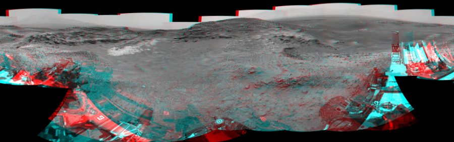 NASA's Mars rover Curiosity took 24 image pairs in Gale Crater using its mast-mounted Navigation Camera (Navcam) to create this mosaic. The seam-corrected mosaic provides a 360-degree cylindrical perspective projection panorama of the Martian surface suitable for stereo viewing, centered at 45 degrees azimuth (measured clockwise from north). This anaglyph must be viewed with red/blue glasses (red over left eye). Curiosity took the images on May 22, 2015, Sol 992 of the Mars Science Laboratory mission at drive 1194, site number 48. The local mean solar time for the image exposures was from 1 PM to 2 PM. Each Navcam image has a 45-degree field of view. CREDIT: NASA/JPL-Caltech
