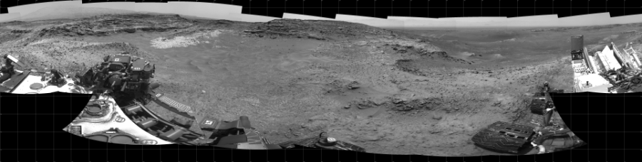 NASA's Mars rover Curiosity took 24 images in Gale Crater using its mast-mounted Left Navigation Camera (Navcam) to create this mosaic. The seam-corrected mosaic provides a 360-degree cylindrical projection panorama of the Martian surface centered at 260 degrees azimuth (measured clockwise from north). Curiosity took the images on May 22, 2015, Sol 992 of the Mars Science Laboratory mission at drive 1194, site number 48. The local mean solar time for the image exposures was from 1 PM to 2 PM. Each Navcam image has a 45 degree field of view. CREDIT: NASA/JPL-Caltech