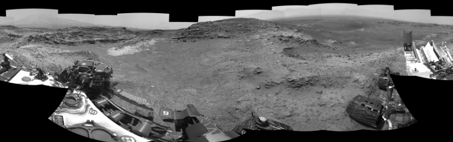 NASA's Mars rover Curiosity took 24 images in Gale Crater using its mast-mounted Left Navigation Camera (Navcam) to create this mosaic. The seam-corrected mosaic provides a 360-degree cylindrical-perspective projection panorama of the Martian surface suitable for stereo viewing, centered at 45 degrees azimuth (measured clockwise from north). This single-eye view must be combined with the partner right image to be viewed in stereo.  Curiosity took the images on May 22, 2015, Sol 992 of the Mars Science Laboratory mission at drive 1194, site number 48. The local mean solar time for the image exposures was from 1 PM to 2 PM. Each Navcam image has a 45-degree field of view. CREDIT: NASA/JPL-Caltech