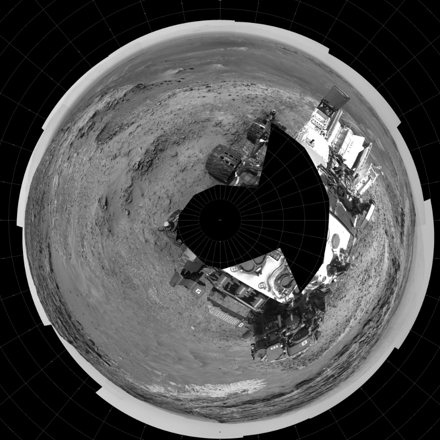 NASA's Mars rover Curiosity took 24 images in Gale Crater using its mast-mounted Left Navigation Camera (Navcam) to create this mosaic. The seam-corrected mosaic provides a polar stereographic projection panorama of the Martian surface with 0 degrees azimuth (measured clockwise from north) at the top of the image. Curiosity took the images on May 22, 2015, Sol 992 of the Mars Science Laboratory mission at drive 1194, site number 48. The local mean solar time for the image exposures was from 1 PM to 2 PM. Each Navcam image has a 45-degree field of view. CREDIT: NASA/JPL-Caltech