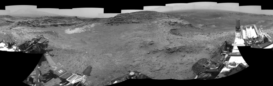 NASA's Mars rover Curiosity took 24 images in Gale Crater using its mast-mounted Right Navigation Camera (Navcam) to create this mosaic. The seam-corrected mosaic provides a 360-degree cylindrical-perspective projection panorama of the Martian surface suitable for stereo viewing, centered at 42 degrees azimuth (measured clockwise from north). This single-eye view must be combined with the partner left image to be viewed in stereo. Curiosity took the images on May 22, 2015, Sol 992 of the Mars Science Laboratory mission at drive 1194, site number 48. The local mean solar time for the image exposures was from 1 PM to 2 PM. Each Navcam image has a 45-degree field of view. CREDIT: NASA/JPL-Caltech