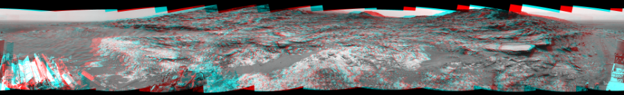 NASA's Mars rover Curiosity took 12 image pairs in Gale Crater using its mast-mounted Navigation Camera (Navcam) to create this mosaic. The seam-corrected mosaic provides a 360-degree cylindrical perspective projection panorama of the Martian surface suitable for stereo viewing, centered at 3 degrees azimuth (measured clockwise from north). This anaglyph must be viewed with red/blue glasses (red over left eye).  Curiosity took the images on May 26, 2015, Sol 995 of the Mars Science Laboratory mission at drive 1530, site number 48. The local mean solar time for the image exposures was 2 PM. Each Navcam image has a 45-degree field of view. CREDIT: NASA/JPL-Caltech