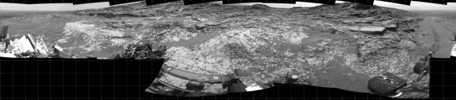 NASA's Mars rover Curiosity took 19 images in Gale Crater using its mast-mounted Left Navigation Camera (Navcam) to create this mosaic. The seam-corrected mosaic provides a 360-degree cylindrical projection panorama of the Martian surface centered at 180 degrees azimuth (measured clockwise from north). Curiosity took the images on May 26, 2015, Sol 995 of the Mars Science Laboratory mission at drive 1530, site number 48. The local mean solar time for the image exposures was 2 PM. Each Navcam image has a 45 degree field of view. CREDIT: NASA/JPL-Caltech