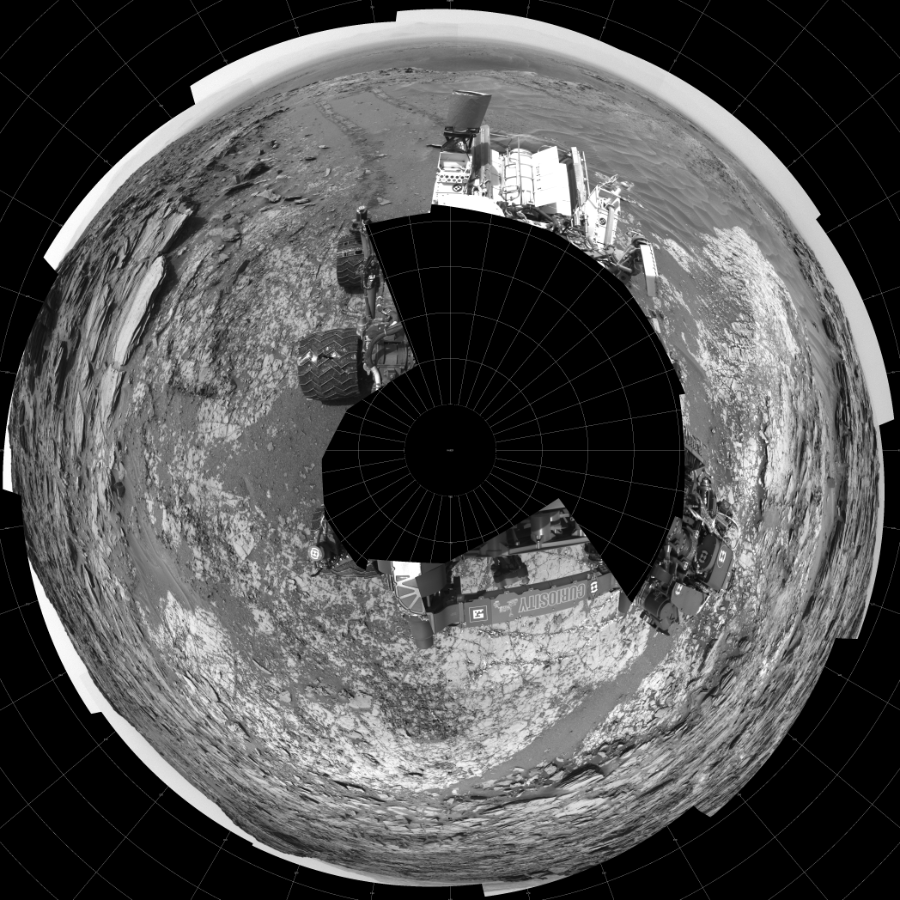 NASA's Mars rover Curiosity took 19 images in Gale Crater using its mast-mounted Left Navigation Camera (Navcam) to create this mosaic. The seam-corrected mosaic provides a polar stereographic projection panorama of the Martian surface with 0 degrees azimuth (measured clockwise from north) at the top of the image. Curiosity took the images on May 26, 2015, Sol 995 of the Mars Science Laboratory mission at drive 1530, site number 48. The local mean solar time for the image exposures was 2 PM. Each Navcam image has a 45-degree field of view. CREDIT: NASA/JPL-Caltech
