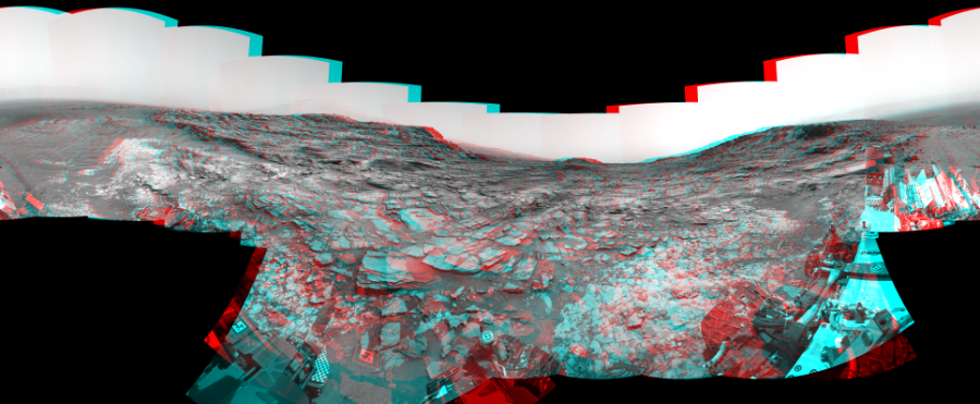 NASA's Mars rover Curiosity took 31 image pairs in Gale Crater using its mast-mounted Navigation Camera (Navcam) to create this mosaic. The seam-corrected mosaic provides a 360-degree cylindrical perspective projection panorama of the Martian surface suitable for stereo viewing, centered at 38 degrees azimuth (measured clockwise from north). This anaglyph must be viewed with red/blue glasses (red over left eye).  Curiosity took the images on May 28, 2015, Sol 997 of the Mars Science Laboratory mission at drive 1570, site number 48. The local mean solar time for the image exposures was 2 PM. Each Navcam image has a 45-degree field of view. CREDIT: NASA/JPL-Caltech