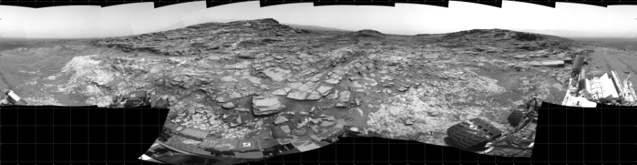 NASA's Mars rover Curiosity took 31 images in Gale Crater using its mast-mounted Left Navigation Camera (Navcam) to create this mosaic. The seam-corrected mosaic provides a 360-degree cylindrical projection panorama of the Martian surface centered at 180 degrees azimuth (measured clockwise from north). Curiosity took the images on May 28, 2015, Sol 997 of the Mars Science Laboratory mission at drive 1570, site number 48. The local mean solar time for the image exposures was 2 PM. Each Navcam image has a 45 degree field of view. CREDIT: NASA/JPL-Caltech
