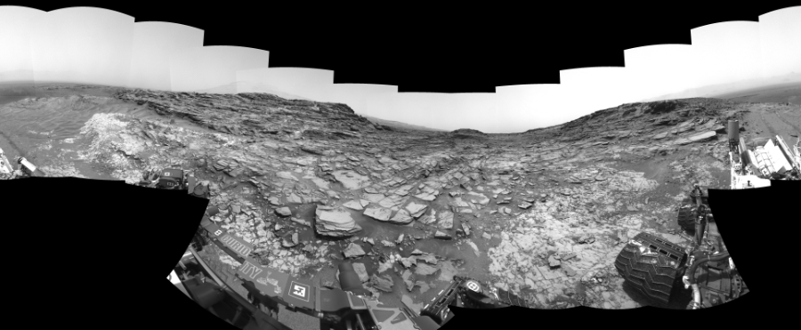 NASA's Mars rover Curiosity took 31 images in Gale Crater using its mast-mounted Left Navigation Camera (Navcam) to create this mosaic. The seam-corrected mosaic provides a 360-degree cylindrical-perspective projection panorama of the Martian surface suitable for stereo viewing, centered at 38 degrees azimuth (measured clockwise from north). This single-eye view must be combined with the partner right image to be viewed in stereo.  Curiosity took the images on May 28, 2015, Sol 997 of the Mars Science Laboratory mission at drive 1570, site number 48. The local mean solar time for the image exposures was 2 PM. Each Navcam image has a 45-degree field of view. CREDIT: NASA/JPL-Caltech
