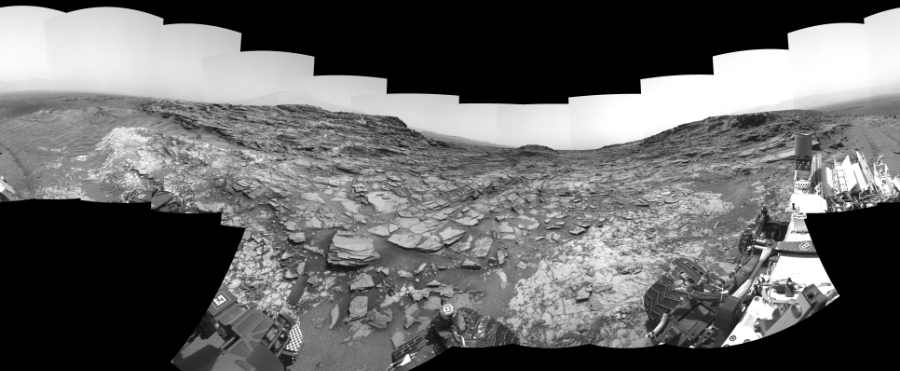 NASA's Mars rover Curiosity took 31 images in Gale Crater using its mast-mounted Right Navigation Camera (Navcam) to create this mosaic. The seam-corrected mosaic provides a 360-degree cylindrical-perspective projection panorama of the Martian surface suitable for stereo viewing, centered at 33 degrees azimuth (measured clockwise from north). This single-eye view must be combined with the partner left image to be viewed in stereo.  Curiosity took the images on May 28, 2015, Sol 997 of the Mars Science Laboratory mission at drive 1570, site number 48. The local mean solar time for the image exposures was 2 PM. Each Navcam image has a 45-degree field of view. CREDIT: NASA/JPL-Caltech