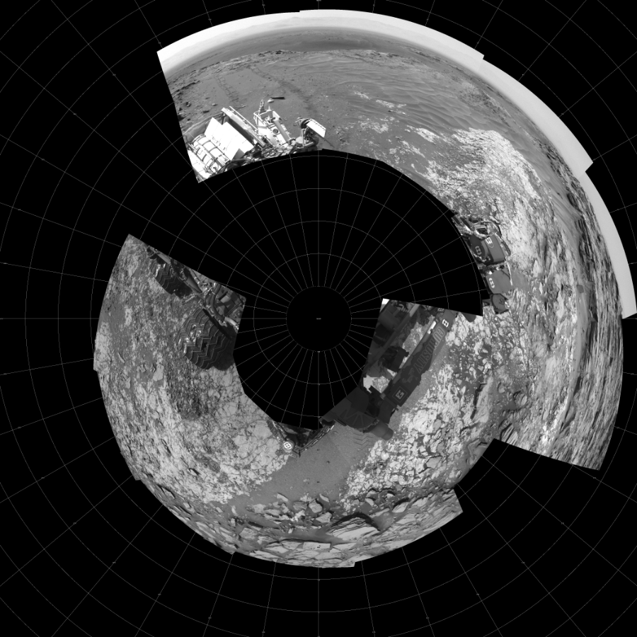 NASA's Mars rover Curiosity took 12 images in Gale Crater using its mast-mounted Left Navigation Camera (Navcam) to create this mosaic. The seam-corrected mosaic provides a polar stereographic projection panorama of the Martian surface with 0 degrees azimuth (measured clockwise from north) at the top of the image. Curiosity took the images on June 30, 2015, Sol 1030 of the Mars Science Laboratory mission at drive 1600, site number 48. The local mean solar time for the image exposures was 2 PM. Each Navcam image has a 45-degree field of view. CREDIT: NASA/JPL-Caltech