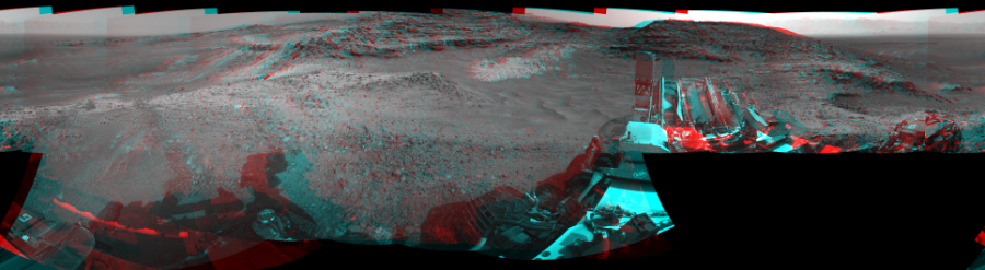 NASA's Mars rover Curiosity took 19 image pairs in Gale Crater using its mast-mounted Navigation Camera (Navcam) to create this mosaic. The seam-corrected mosaic provides a 360-degree cylindrical perspective projection panorama of the Martian surface suitable for stereo viewing, centered at 123 degrees azimuth (measured clockwise from north). This anaglyph must be viewed with red/blue glasses (red over left eye).  Curiosity took the images on July 06, 2015, Sol 1035 of the Mars Science Laboratory mission at drive 1906, site number 48. The local mean solar time for the image exposures was from 3 PM to 4 PM. Each Navcam image has a 45-degree field of view. CREDIT: NASA/JPL-Caltech