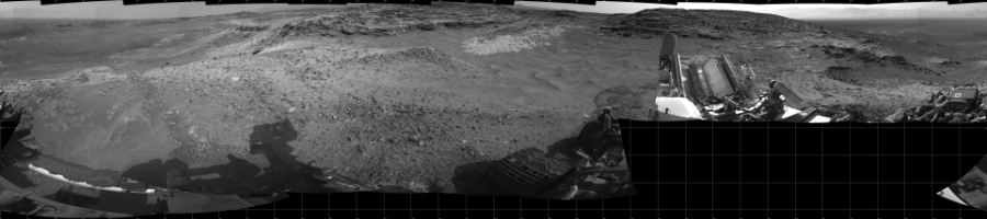 NASA's Mars rover Curiosity took 19 images in Gale Crater using its mast-mounted Left Navigation Camera (Navcam) to create this mosaic. The seam-corrected mosaic provides a 360-degree cylindrical projection panorama of the Martian surface centered at 180 degrees azimuth (measured clockwise from north). Curiosity took the images on July 06, 2015, Sol 1035 of the Mars Science Laboratory mission at drive 1906, site number 48. The local mean solar time for the image exposures was from 3 PM to 4 PM. Each Navcam image has a 45 degree field of view. CREDIT: NASA/JPL-Caltech