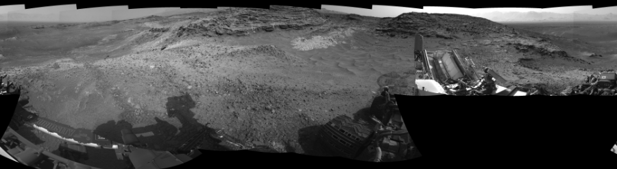 NASA's Mars rover Curiosity took 19 images in Gale Crater using its mast-mounted Left Navigation Camera (Navcam) to create this mosaic. The seam-corrected mosaic provides a 360-degree cylindrical-perspective projection panorama of the Martian surface suitable for stereo viewing, centered at 123 degrees azimuth (measured clockwise from north). This single-eye view must be combined with the partner right image to be viewed in stereo. Curiosity took the images on July 06, 2015, Sol 1035 of the Mars Science Laboratory mission at drive 1906, site number 48. The local mean solar time for the image exposures was from 3 PM to 4 PM. Each Navcam image has a 45-degree field of view. CREDIT: NASA/JPL-Caltech