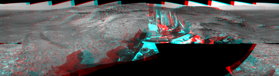 NASA's Mars rover Curiosity took 19 image pairs in Gale Crater using its mast-mounted Navigation Camera (Navcam) to create this mosaic. The seam-corrected mosaic provides a 360-degree cylindrical perspective projection panorama of the Martian surface suitable for stereo viewing, centered at 164 degrees azimuth (measured clockwise from north). This anaglyph must be viewed with red/blue glasses (red over left eye). Curiosity took the images on July 08, 2015, Sol 1037 of the Mars Science Laboratory mission at drive 1964, site number 48. The local mean solar time for the image exposures was 3 PM. Each Navcam image has a 45-degree field of view. CREDIT: NASA/JPL-Caltech