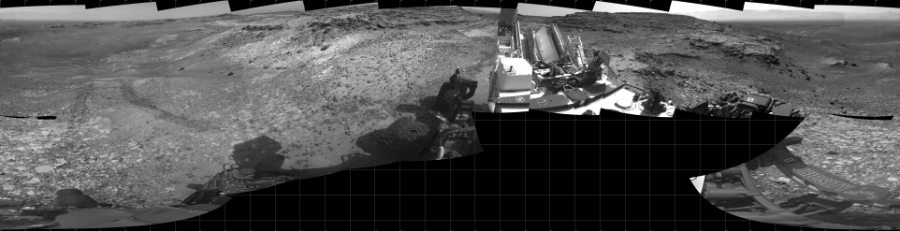 NASA's Mars rover Curiosity took 19 images in Gale Crater using its mast-mounted Left Navigation Camera (Navcam) to create this mosaic. The seam-corrected mosaic provides a 360-degree cylindrical projection panorama of the Martian surface centered at 180 degrees azimuth (measured clockwise from north). Curiosity took the images on July 08, 2015, Sol 1037 of the Mars Science Laboratory mission at drive 1964, site number 48. The local mean solar time for the image exposures was 3 PM. Each Navcam image has a 45 degree field of view. CREDIT: NASA/JPL-Caltech