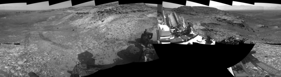 NASA's Mars rover Curiosity took 19 images in Gale Crater using its mast-mounted Left Navigation Camera (Navcam) to create this mosaic. The seam-corrected mosaic provides a 360-degree cylindrical-perspective projection panorama of the Martian surface suitable for stereo viewing, centered at 164 degrees azimuth (measured clockwise from north). This single-eye view must be combined with the partner right image to be viewed in stereo. Curiosity took the images on July 08, 2015, Sol 1037 of the Mars Science Laboratory mission at drive 1964, site number 48. The local mean solar time for the image exposures was 3 PM. Each Navcam image has a 45-degree field of view. CREDIT: NASA/JPL-Caltech