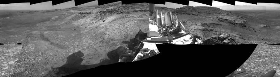 NASA's Mars rover Curiosity took 19 images in Gale Crater using its mast-mounted Right Navigation Camera (Navcam) to create this mosaic. The seam-corrected mosaic provides a 360-degree cylindrical-perspective projection panorama of the Martian surface suitable for stereo viewing, centered at 159 degrees azimuth (measured clockwise from north). This single-eye view must be combined with the partner left image to be viewed in stereo.  Curiosity took the images on July 08, 2015, Sol 1037 of the Mars Science Laboratory mission at drive 1964, site number 48. The local mean solar time for the image exposures was 3 PM. Each Navcam image has a 45-degree field of view. CREDIT: NASA/JPL-Caltech