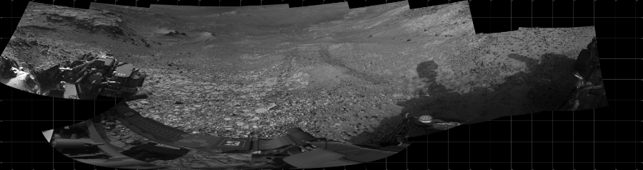 NASA's Mars rover Curiosity took 14 images in Gale Crater using its mast-mounted Left Navigation Camera (Navcam) to create this mosaic. The seam-corrected mosaic provides a 309-degree cylindrical projection panorama of the Martian surface centered at 49 degrees azimuth (measured clockwise from north). Curiosity took the images on July 10, 2015, Sol 1039 of the Mars Science Laboratory mission at drive 1970, site number 48. The local mean solar time for the image exposures was 4 PM. Each Navcam image has a 45 degree field of view. CREDIT: NASA/JPL-Caltech