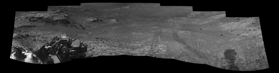 NASA's Mars rover Curiosity took 7 images in Gale Crater using its mast-mounted Left Navigation Camera (Navcam) to create this mosaic. The seam-corrected mosaic provides a 241-degree cylindrical-perspective projection panorama of the Martian surface suitable for stereo viewing, centered at 359 degrees azimuth (measured clockwise from north). This single-eye view must be combined with the partner right image to be viewed in stereo. Curiosity took the images on July 10, 2015, Sol 1039 of the Mars Science Laboratory mission at drive 1970, site number 48. The local mean solar time for the image exposures was 4 PM. Each Navcam image has a 45-degree field of view. CREDIT: NASA/JPL-Caltech