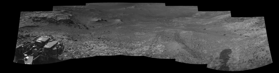 NASA's Mars rover Curiosity took 7 images in Gale Crater using its mast-mounted Right Navigation Camera (Navcam) to create this mosaic. The seam-corrected mosaic provides a 240-degree cylindrical-perspective projection panorama of the Martian surface suitable for stereo viewing, centered at 355 degrees azimuth (measured clockwise from north). This single-eye view must be combined with the partner left image to be viewed in stereo.  Curiosity took the images on July 10, 2015, Sol 1039 of the Mars Science Laboratory mission at drive 1970, site number 48. The local mean solar time for the image exposures was 4 PM. Each Navcam image has a 45-degree field of view. CREDIT: NASA/JPL-Caltech