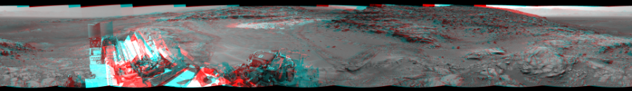 NASA's Mars rover Curiosity took 12 image pairs in Gale Crater using its mast-mounted Navigation Camera (Navcam) to create this mosaic. The seam-corrected mosaic provides a 360-degree cylindrical perspective projection panorama of the Martian surface suitable for stereo viewing, centered at 308 degrees azimuth (measured clockwise from north). This anaglyph must be viewed with red/blue glasses (red over left eye). Curiosity took the images on July 13, 2015, Sol 1042 of the Mars Science Laboratory mission at drive 2122, site number 48. The local mean solar time for the image exposures was 3 PM. Each Navcam image has a 45-degree field of view. CREDIT: NASA/JPL-Caltech