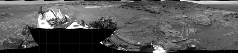 NASA's Mars rover Curiosity took 19 images in Gale Crater using its mast-mounted Left Navigation Camera (Navcam) to create this mosaic. The seam-corrected mosaic provides a 360-degree cylindrical projection panorama of the Martian surface centered at 180 degrees azimuth (measured clockwise from north). Curiosity took the images on July 13, 2015, Sol 1042 of the Mars Science Laboratory mission at drive 2122, site number 48. The local mean solar time for the image exposures was 3 PM. Each Navcam image has a 45 degree field of view. CREDIT: NASA/JPL-Caltech