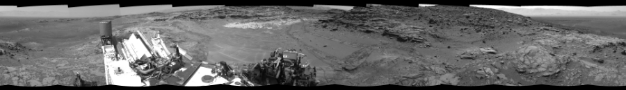 NASA's Mars rover Curiosity took 12 images in Gale Crater using its mast-mounted Left Navigation Camera (Navcam) to create this mosaic. The seam-corrected mosaic provides a 360-degree cylindrical-perspective projection panorama of the Martian surface suitable for stereo viewing, centered at 308 degrees azimuth (measured clockwise from north). This single-eye view must be combined with the partner right image to be viewed in stereo.  Curiosity took the images on July 13, 2015, Sol 1042 of the Mars Science Laboratory mission at drive 2122, site number 48. The local mean solar time for the image exposures was 3 PM. Each Navcam image has a 45-degree field of view. CREDIT: NASA/JPL-Caltech