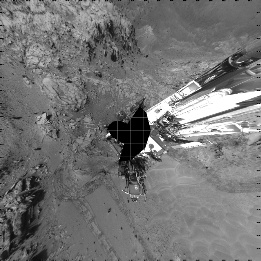 NASA's Mars rover Curiosity took 19 images in Gale Crater using its mast-mounted Left Navigation Camera (Navcam) to create this mosaic. The seam-corrected mosaic provides a vertical projection of the Martian surface near the rover, covering an area of 20 meters (north/south) by 20 meters (east/west). North is up in the image. This projection provides an overhead view, but introduces distortion for items not on the surface, such as large rocks and the rover itself.  Curiosity took the images on July 13, 2015, Sol 1042 of the Mars Science Laboratory mission at drive 2122, site number 48. The local mean solar time for the image exposures was 3 PM. Each Navcam image has a 45-degree field of view. CREDIT: NASA/JPL-Caltech