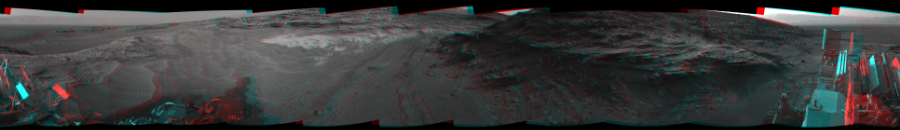 NASA's Mars rover Curiosity took 12 image pairs in Gale Crater using its mast-mounted Navigation Camera (Navcam) to create this mosaic. The seam-corrected mosaic provides a 360-degree cylindrical perspective projection panorama of the Martian surface suitable for stereo viewing, centered at 25 degrees azimuth (measured clockwise from north). This anaglyph must be viewed with red/blue glasses (red over left eye). Curiosity took the images on July 15, 2015, Sol 1044 of the Mars Science Laboratory mission at drive 2200, site number 48. The local mean solar time for the image exposures was 5 PM. Each Navcam image has a 45-degree field of view. CREDIT: NASA/JPL-Caltech