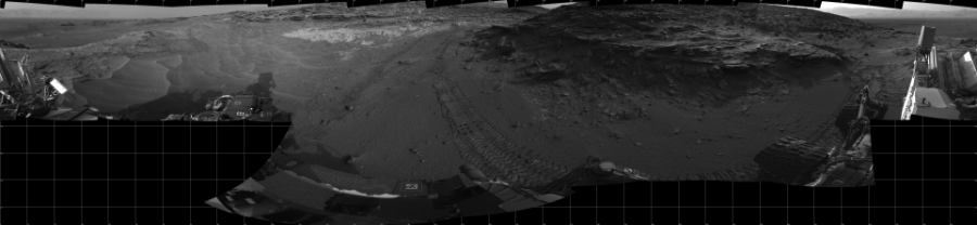 NASA's Mars rover Curiosity took 19 images in Gale Crater using its mast-mounted Left Navigation Camera (Navcam) to create this mosaic. The seam-corrected mosaic provides a 360-degree cylindrical projection panorama of the Martian surface centered at 180 degrees azimuth (measured clockwise from north). Curiosity took the images on July 15, 2015, Sol 1044 of the Mars Science Laboratory mission at drive 2200, site number 48. The local mean solar time for the image exposures was 5 PM. Each Navcam image has a 45 degree field of view. CREDIT: NASA/JPL-Caltech