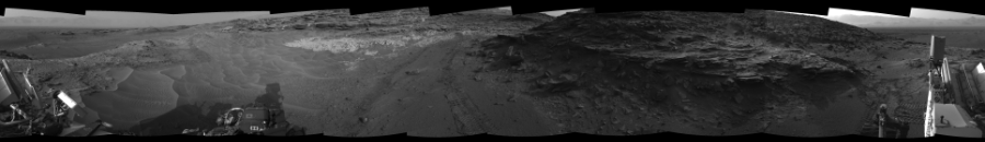 NASA's Mars rover Curiosity took 12 images in Gale Crater using its mast-mounted Left Navigation Camera (Navcam) to create this mosaic. The seam-corrected mosaic provides a 360-degree cylindrical-perspective projection panorama of the Martian surface suitable for stereo viewing, centered at 25 degrees azimuth (measured clockwise from north). This single-eye view must be combined with the partner right image to be viewed in stereo.  Curiosity took the images on July 15, 2015, Sol 1044 of the Mars Science Laboratory mission at drive 2200, site number 48. The local mean solar time for the image exposures was 5 PM. Each Navcam image has a 45-degree field of view. CREDIT: NASA/JPL-Caltech